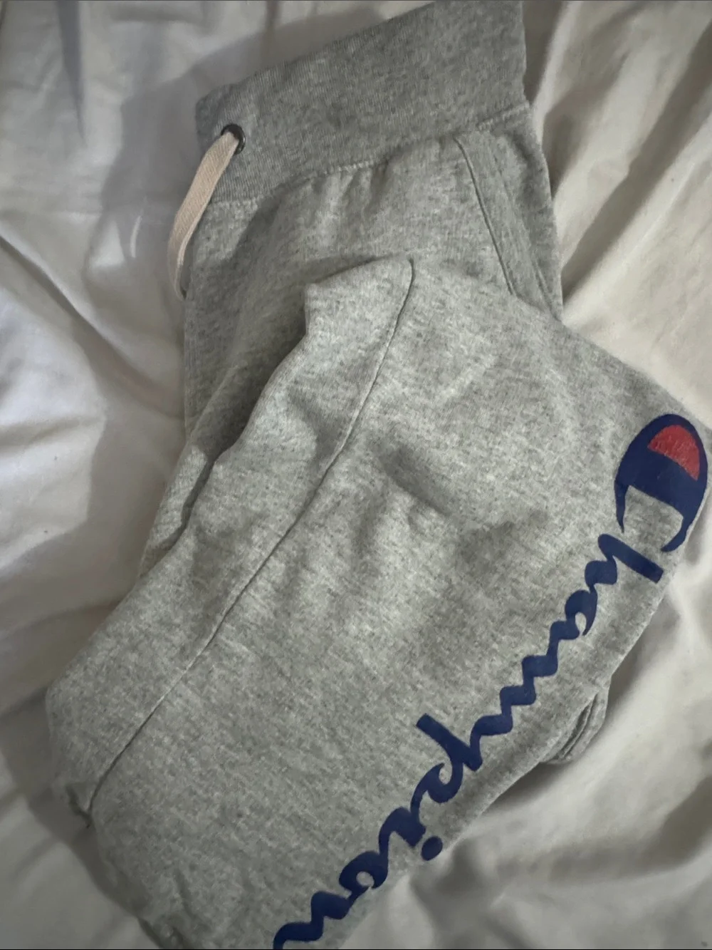 Champion Light Gray Sweat Joggers with Navy & Red Logo